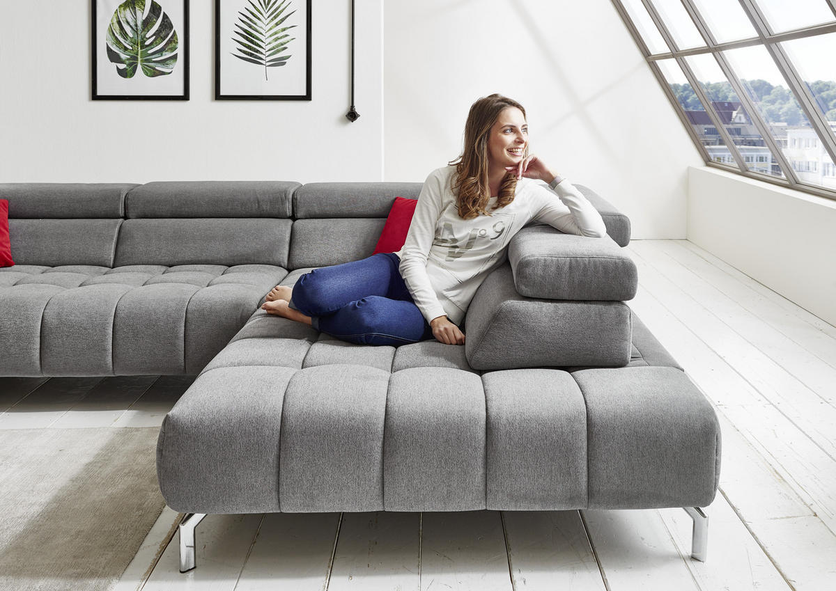 ECKSOFA Grau Chenille  - Chromfarben/Grau, Design, Textil/Metall (323/222cm) - Beldomo Style