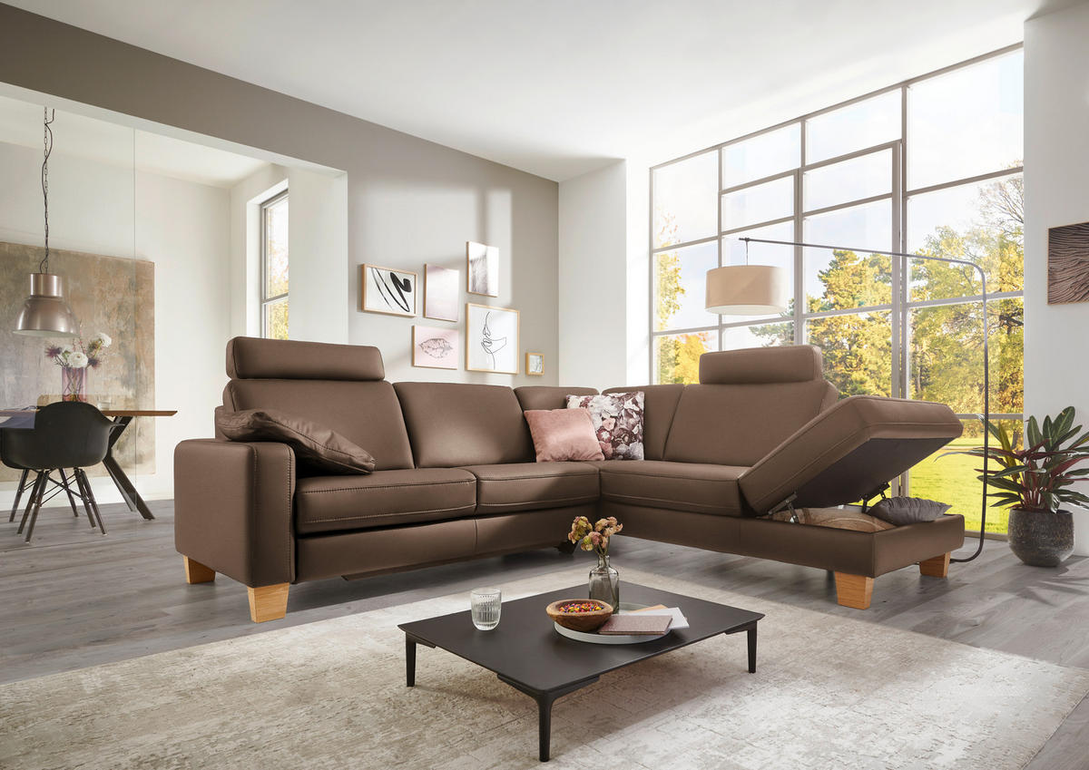 ECKSOFA in Echtleder Graubraun  - Eiche Bianco/Graubraun, Konventionell, Leder/Holz (257/235cm) - Valdera