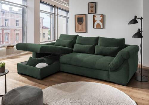 ECKSOFA in Cord Dunkelgrün  - Dunkelgrün/Schwarz, Modern, Holz/Textil (188/302cm) - MID.YOU