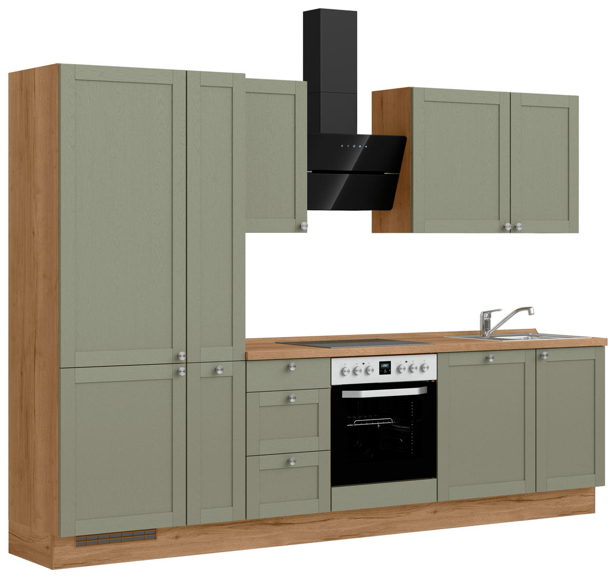 KÜCHENBLOCK Frame 300 cm  in Eichefarben, Olivgrün  - Edelstahlfarben/Eichefarben, MODERN, Holzwerkstoff/Metall (300cm) - Nobilia