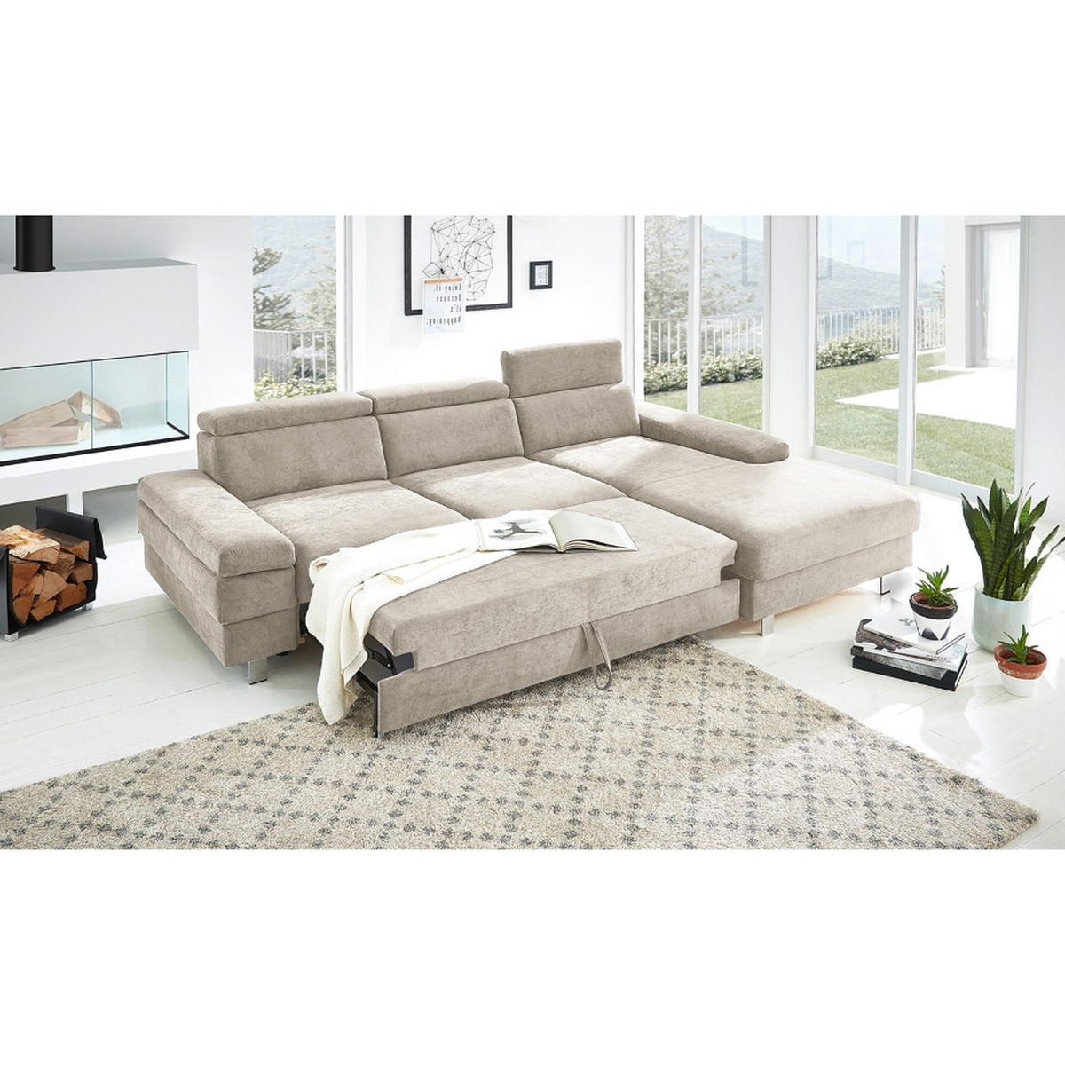 ECKSOFA in Webstoff Greige  - Greige/Silberfarben, Konventionell, Textil/Metall (182/82/260cm) - Trendmanufaktur