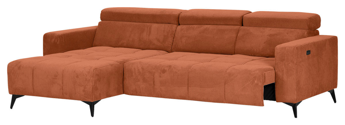 ECKSOFA Rostfarben Cord Rücken echt, Kopfteilverstellung, Sitzvorzug  - Rostfarben/Schwarz, KONVENTIONELL, Textil/Metall (170/257cm) - Carryhome