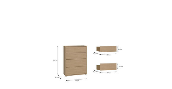 KOMMODE , 75/99/35 cm, 4 Schublade(n)  - Eichefarben/Silberfarben, Trend, Holzwerkstoff/Kunststoff (75/99/35cm) - Carryhome