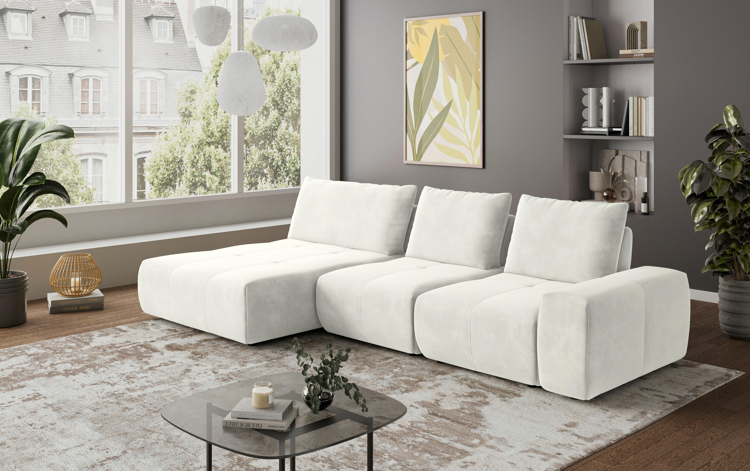 CANAPÉ D'ANGLE in Velours Creme  - Creme/Schwarz, Design, Kunststoff/Textil (174/347cm) - Xora