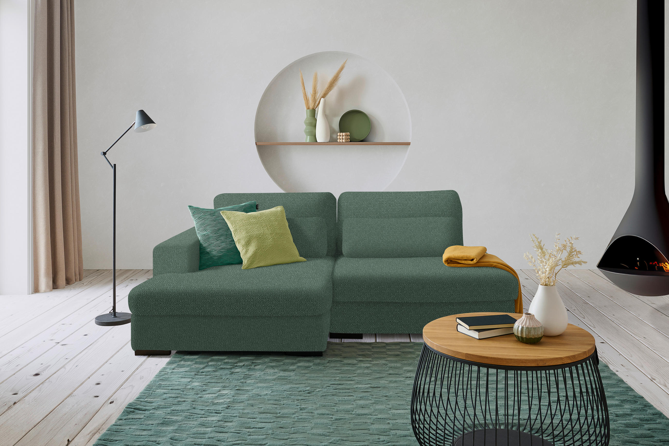 ECKSOFA in Chenille Grün  - Schwarz/Grün, Design, Kunststoff/Textil (158/223cm) - Lomoco
