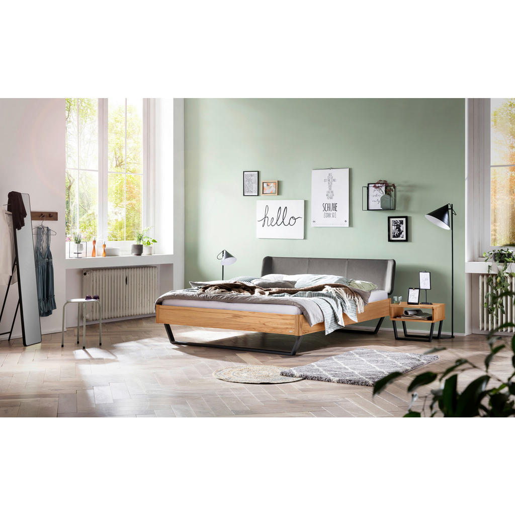Thumbnail - Hasena Bett, Anthrazit, Buche, Dunkelgrau, Holz, Textil, Buche, massiv, Höhe ca. 22 cm, 180x200 cm, gepolstertes Kopftei...