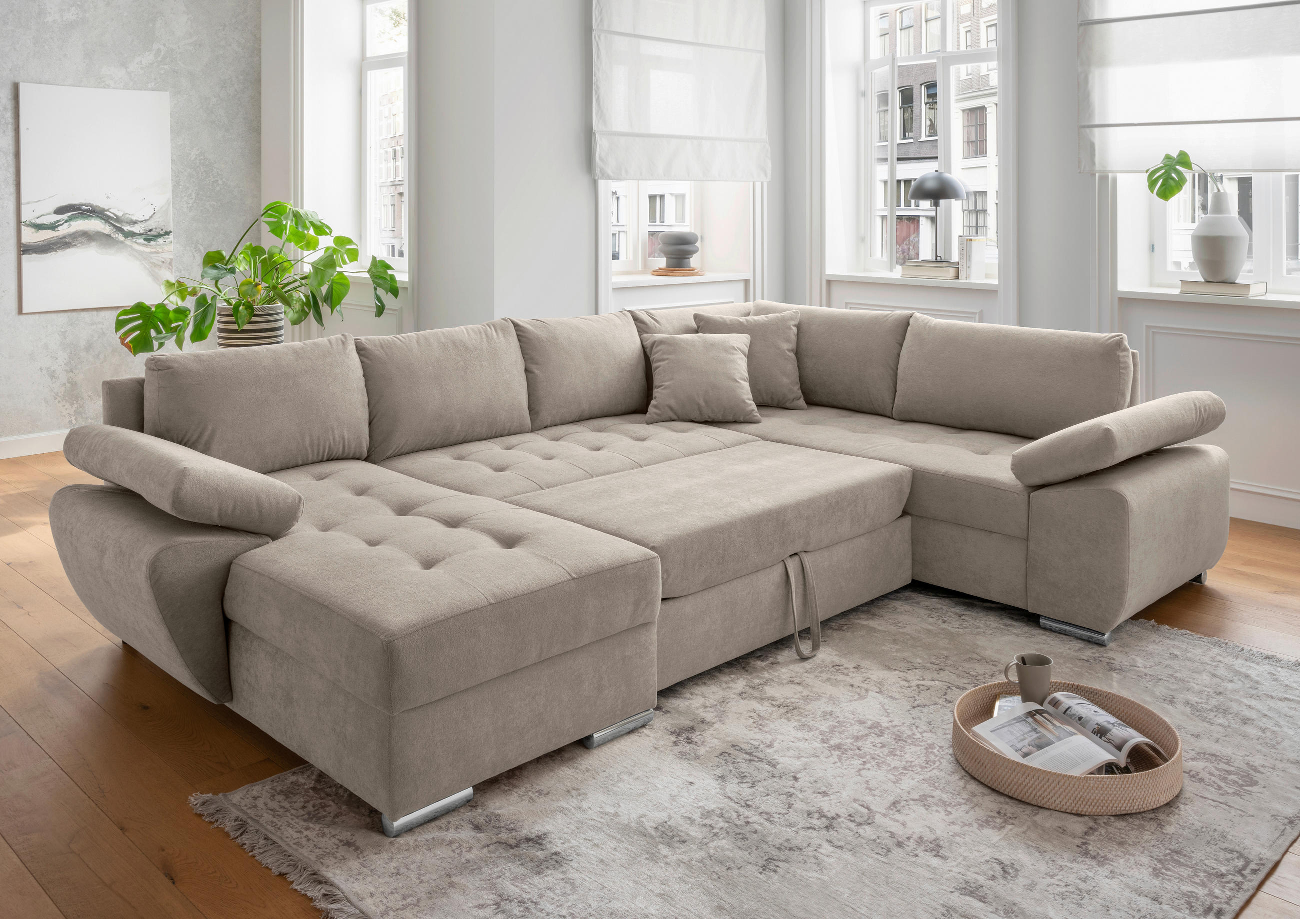 WOHNLANDSCHAFT in Mikrofaser Taupe  - Taupe/Chromfarben, KONVENTIONELL, Textil/Metall (157/305/219cm) - Livetastic