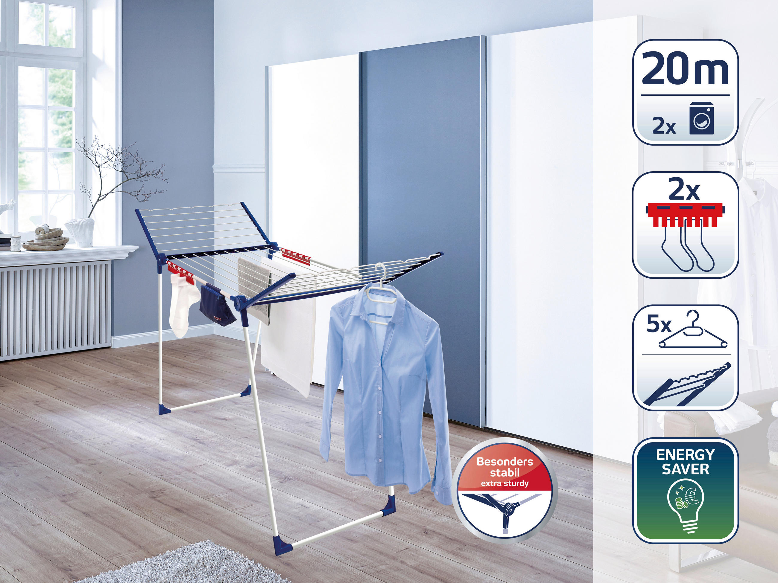 Wäscheständer Pegasus 200 PEGASUS 157/66/87 cm  - Blau/Weiß, Basics, Kunststoff/Metall (157/66/87cm) - Leifheit