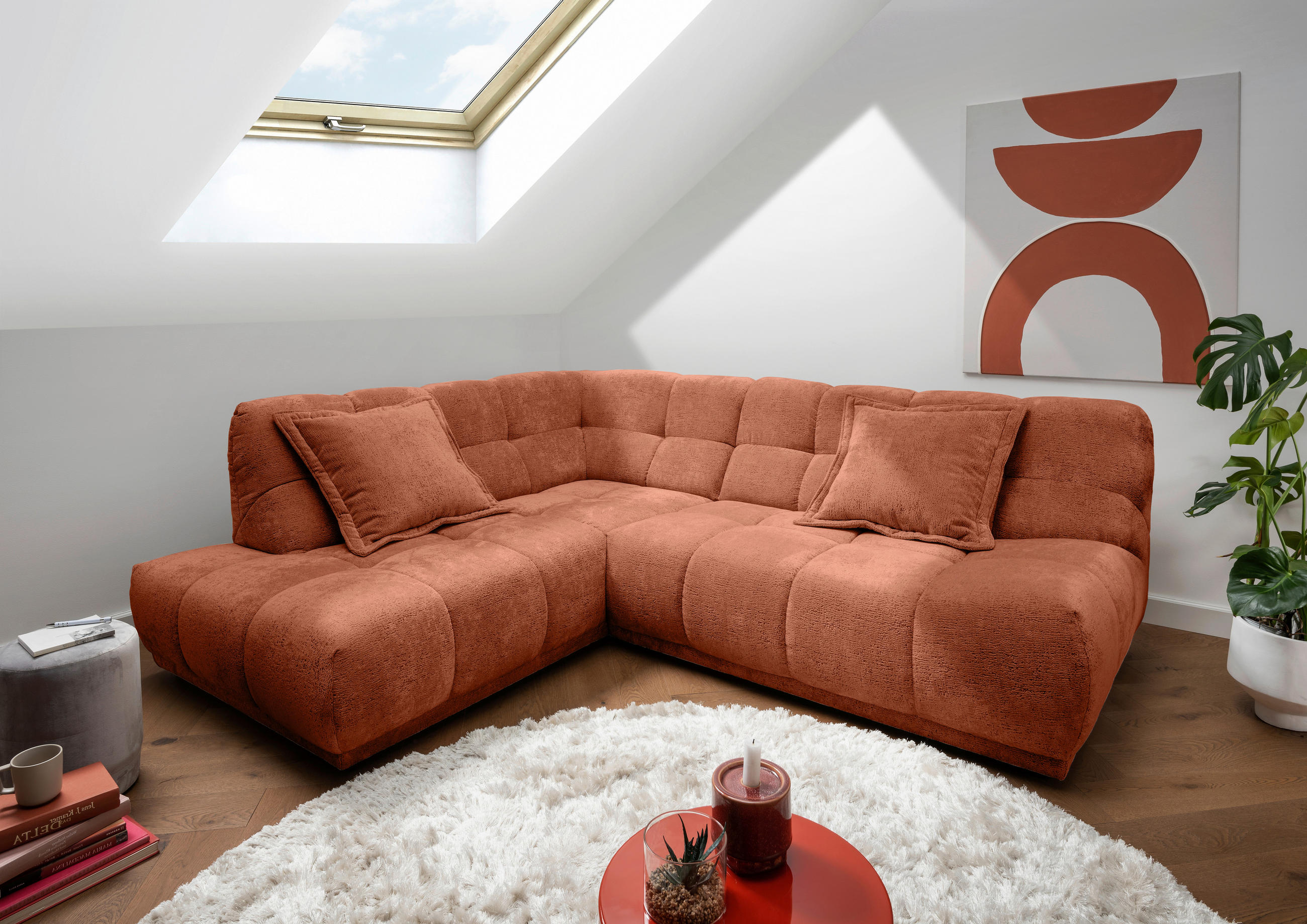 ECKSOFA ITALIA in Chenille Rostfarben  203/254 cm  - Rostfarben/Schwarz, MODERN, Kunststoff/Textil (203/254cm) - Livetastic