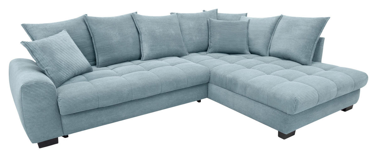 ECKSOFA Blaugrau Cord Rückenkissen, Armlehnenkissen, Bettkasten, Schlaffunktion, Rücken echt, Liegefläche im Originalstoff  - Blaugrau/Schwarz, KONVENTIONELL, Kunststoff/Textil (304/212cm) - Carryhome