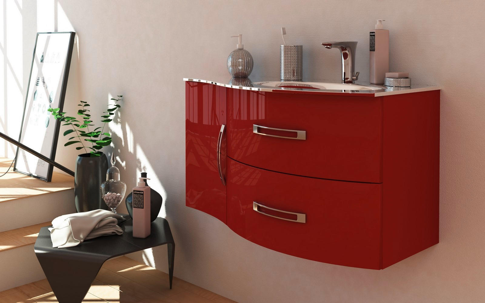 DULAP BAIE INFERIOR 34/55/40 cm  - culoare crom/roșu, Basics, sticlă/metal (34/55/40cm) - Welnova