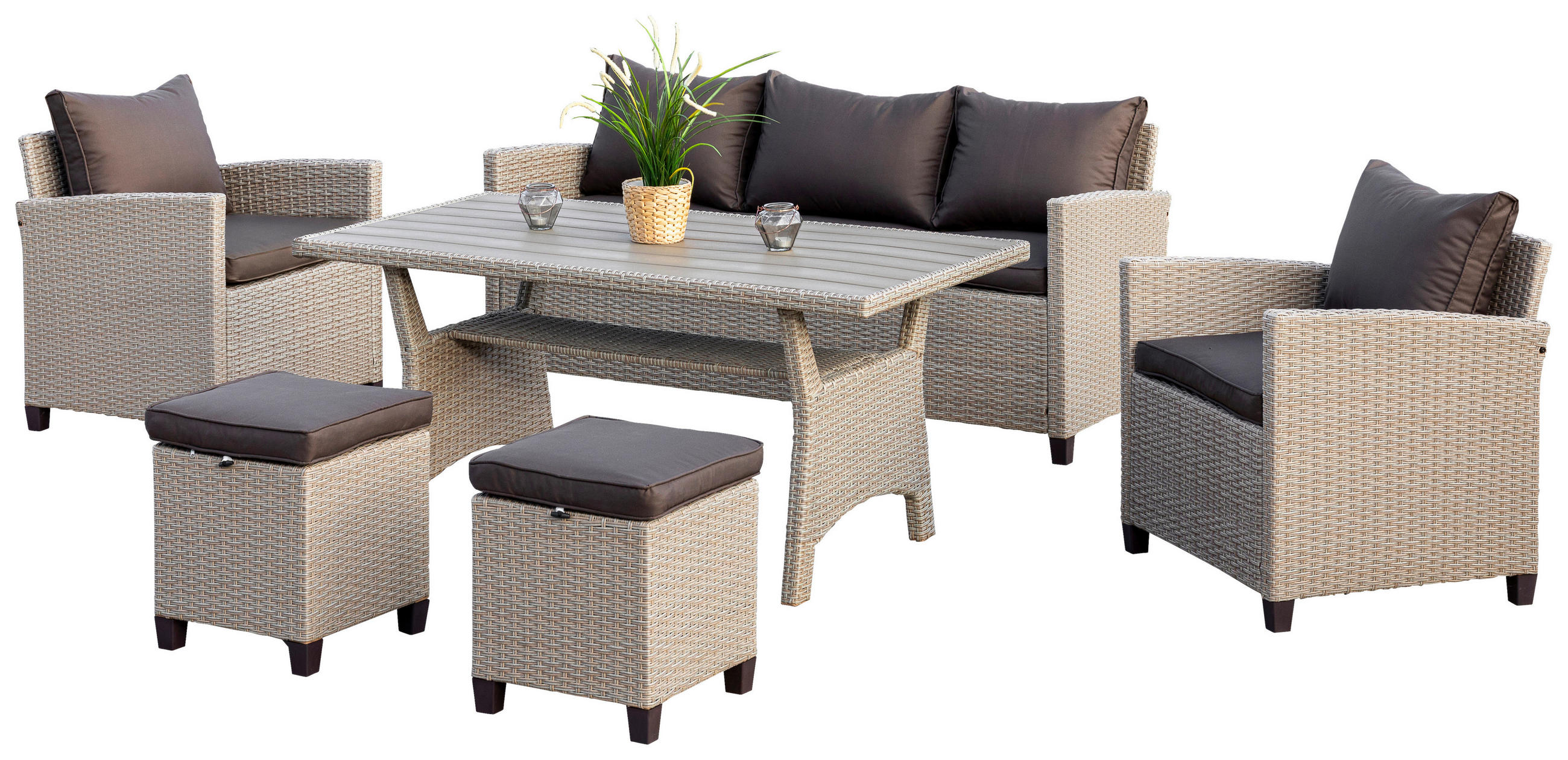 LOUNGEGARNITUR Stahl  - Dunkelbraun/Naturfarben, KONVENTIONELL, Kunststoff/Textil (172/75/65cm) - Gardenson