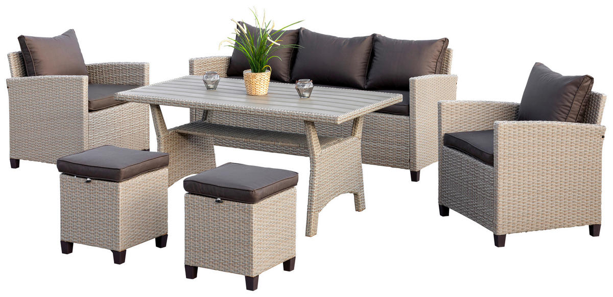 LOUNGEGARNITUR Stahl  - Dunkelbraun/Naturfarben, KONVENTIONELL, Kunststoff/Textil (172/75/65cm) - Gardenson