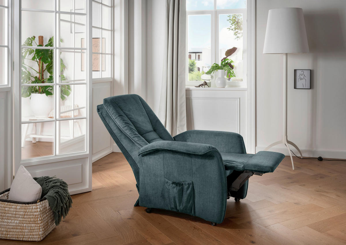 FERNSEHSESSEL  mit Relaxfunktion, Fußteilverstellung, Rücken echt Velours Dunkelblau  - Schwarz/Braun, Design, Kunststoff/Textil (77/107/88cm) - Livetastic