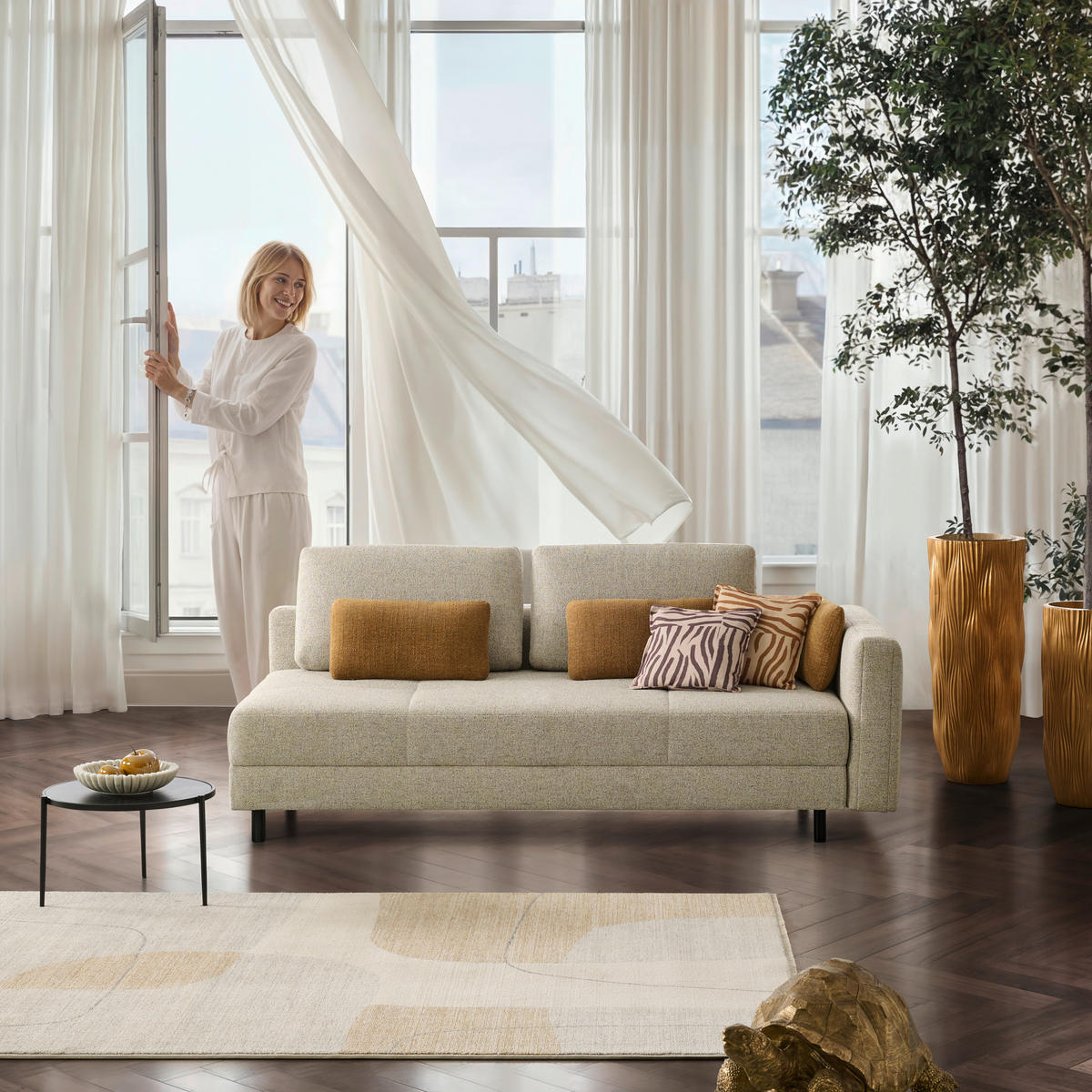 LIEGE Webstoff Creme  - Eiche dunkel/Creme, Design, Holz/Textil (210/84/130cm) - Joka