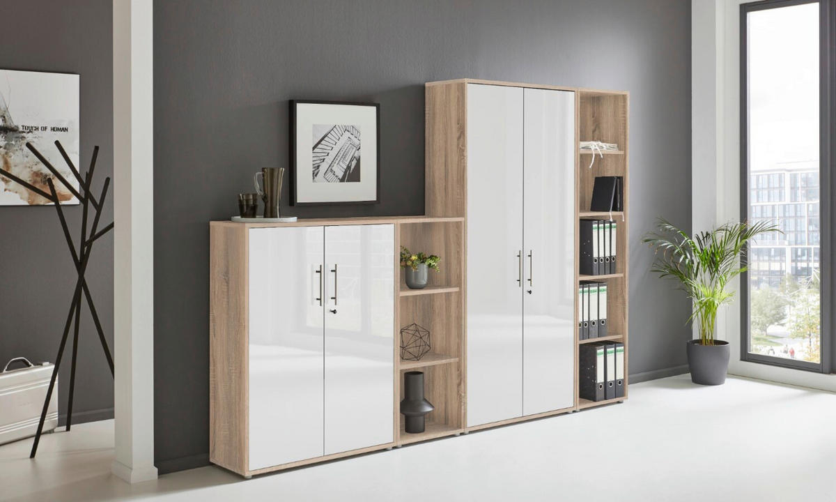 BÜRO erweiterbar, in verschiedenen Holz-Dekoren erhältlich, abschließbar Sonoma Eiche, Weiß Hochglanz - Weiß Hochglanz/Sonoma Eiche, MODERN, Holzwerkstoff/Metall - MID.YOU