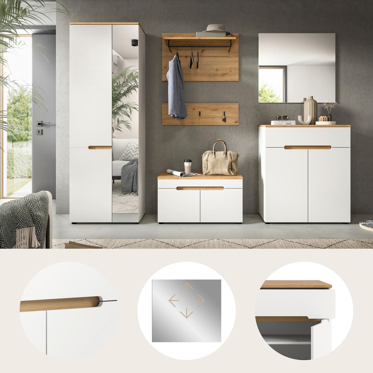 GARDEROBE 5-teilig  in 255/190/37 cm  - Weiß/Eiche Artisan, Design, Holzwerkstoff (255/190/37cm) - MID.YOU