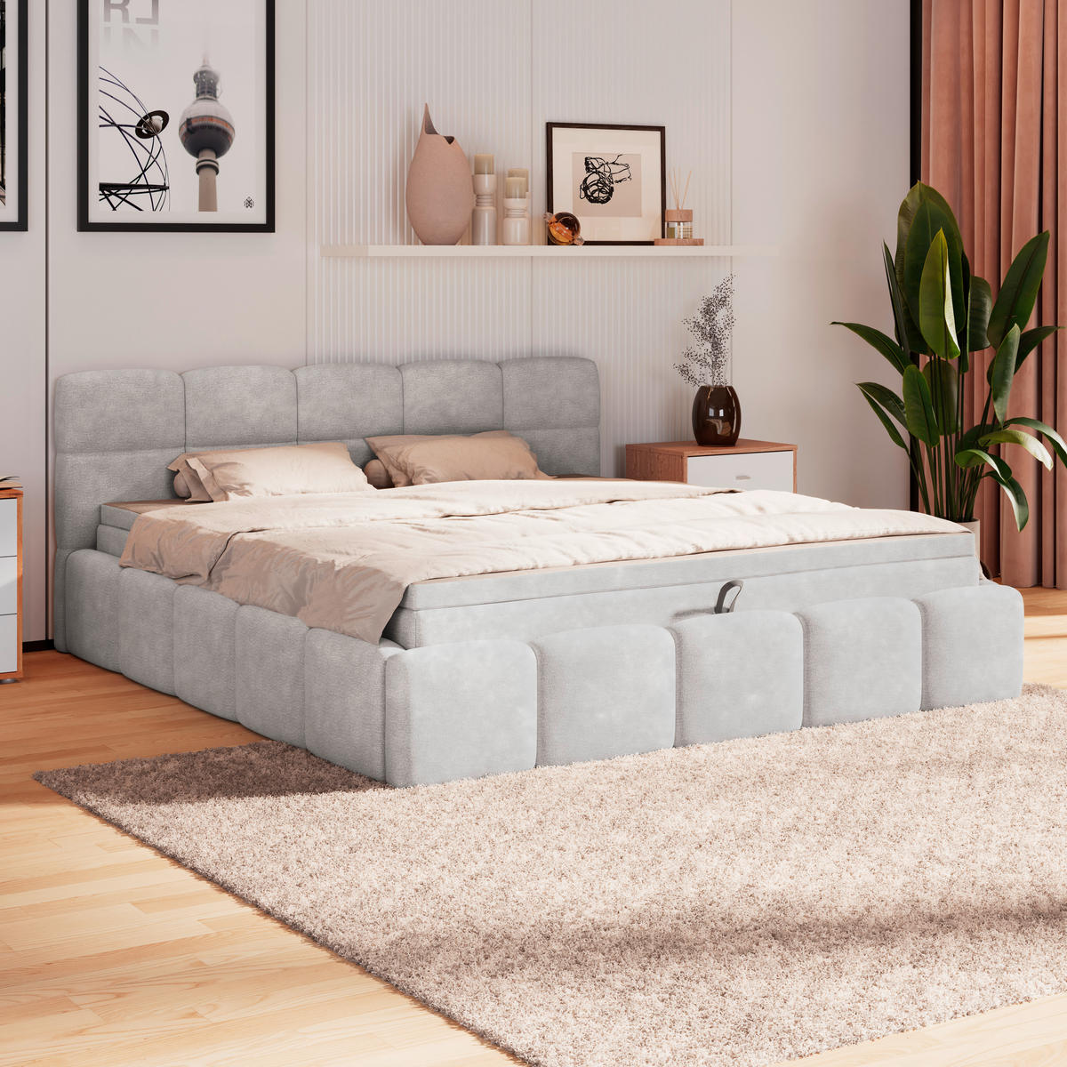 POLSTERBETT 160/200 cm,  in Hellgrau, Matratze, Bettkasten, H3 = fest  - Hellgrau/Schwarz, Trend, Kunststoff/Textil (160/200cm)