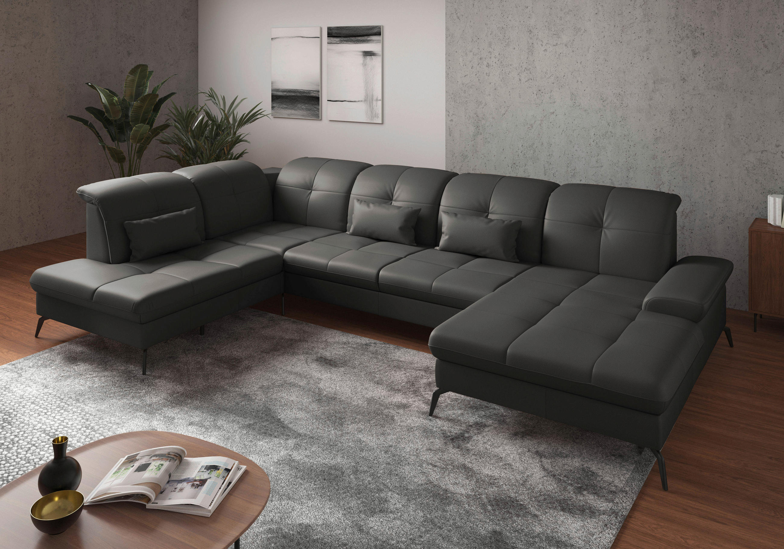 WOHNLANDSCHAFT Anthrazit Echtleder  - Anthrazit/Schwarz, KONVENTIONELL, Leder/Metall (231/357/185cm) - Sit & More