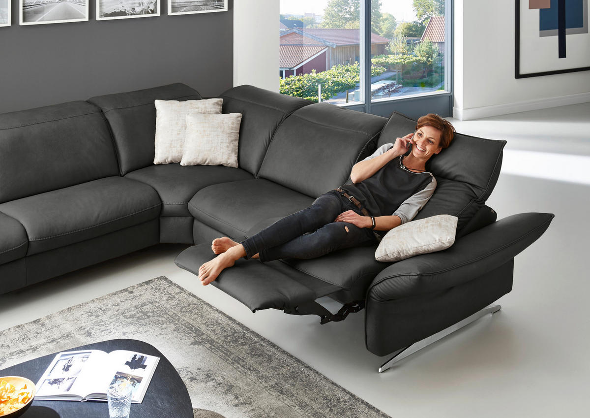 ECKSOFA in Echtleder Schwarz  - Edelstahlfarben/Schwarz, Design, Leder/Metall (258/292cm) - Hukla
