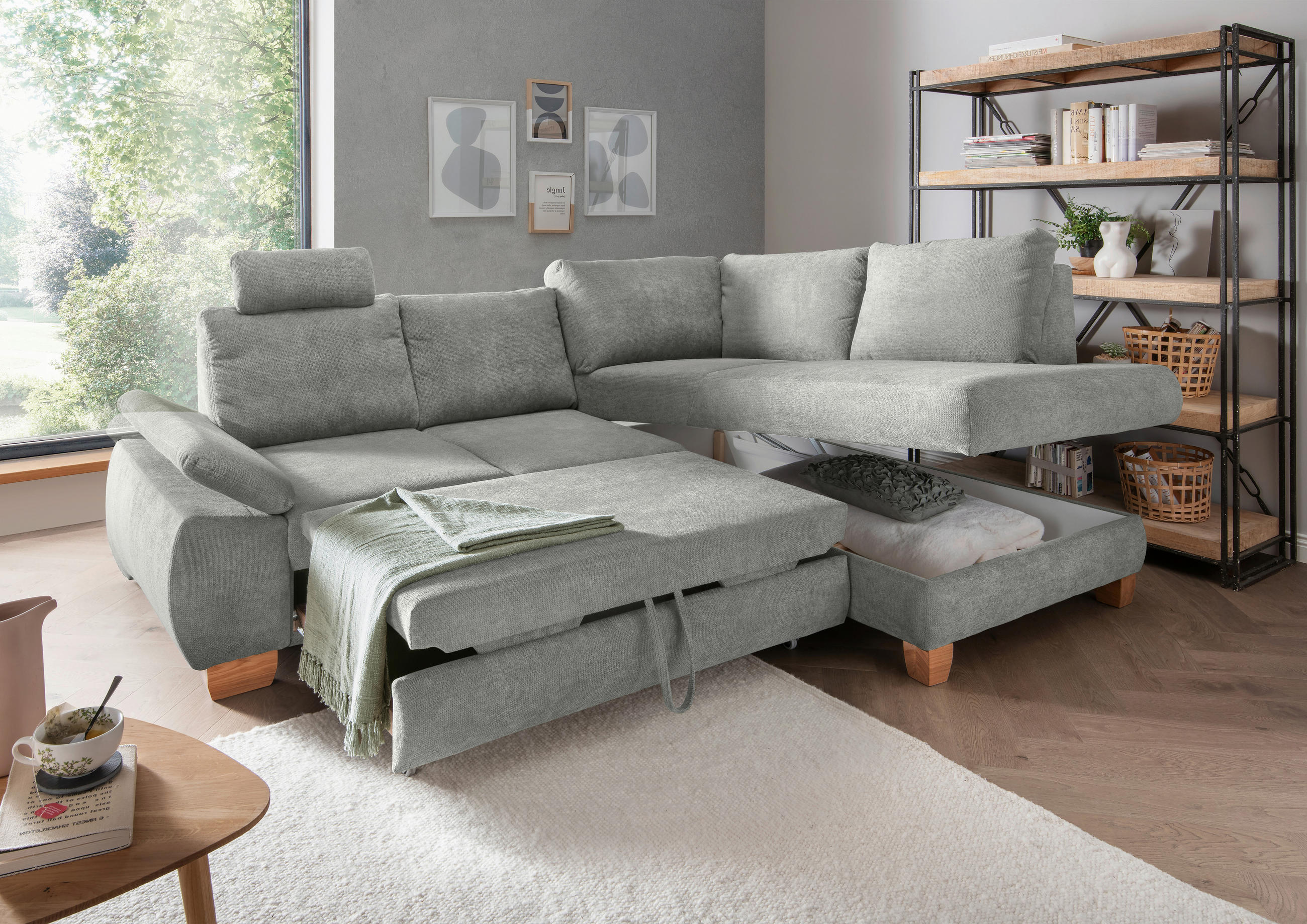 ECKSCHLAFSOFA in Chenille Grau  - Wildeiche/Grau, Modern, Holz/Textil (261/206cm) - Livetastic