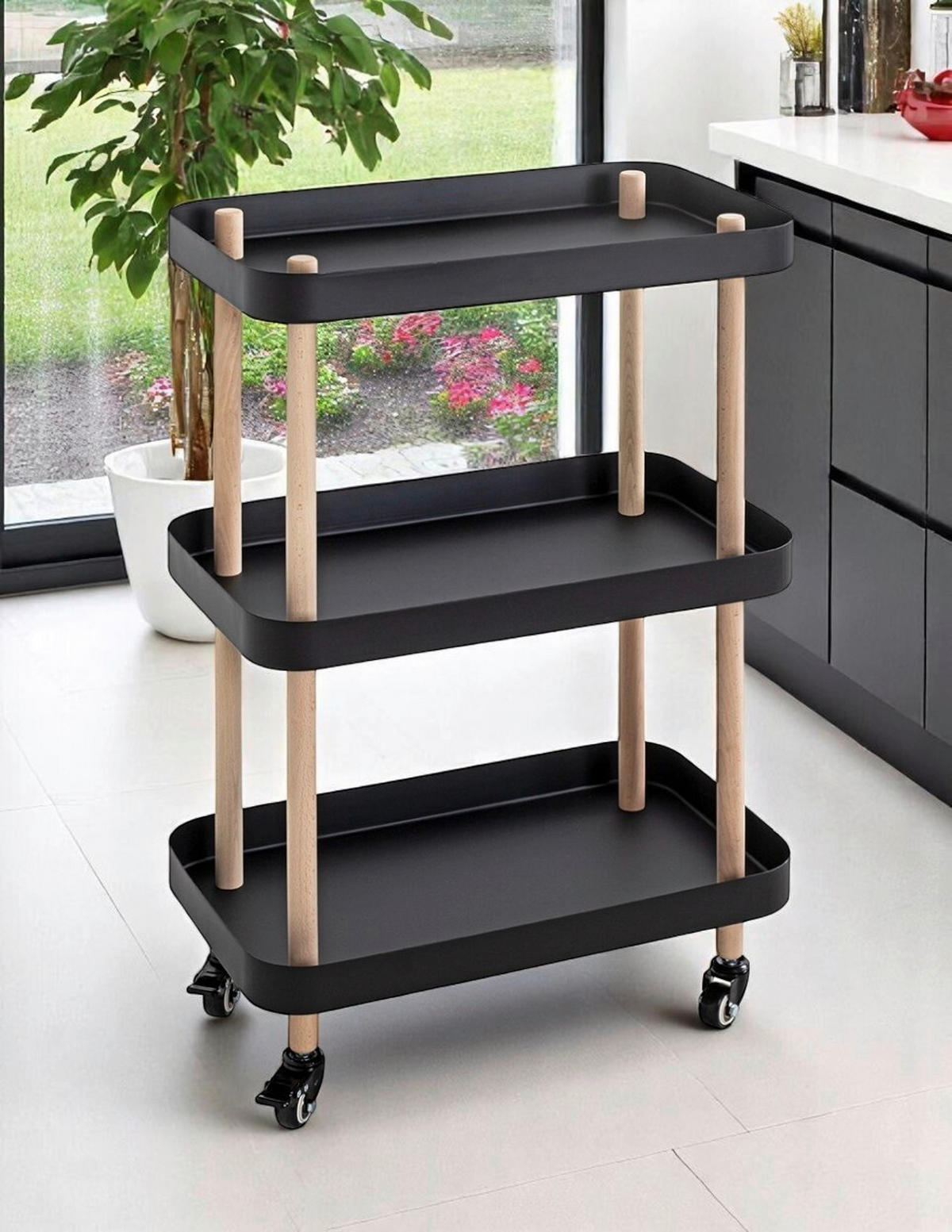 SERVÍROVACÍ VOZÍK, přírodní barvy, černá, barvy buku, 50/30/76 cm - černá/přírodní barvy, Moderní, kov/dřevo (50/30/76cm)