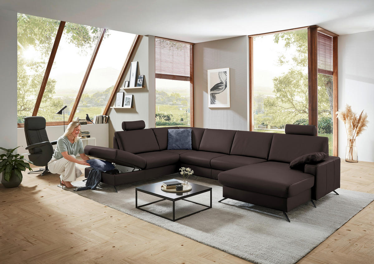 WOHNLANDSCHAFT in Echtleder Dunkelbraun  - Dunkelbraun/Schwarz, Design, Leder/Metall (233/339/165cm) - Beldomo Premium