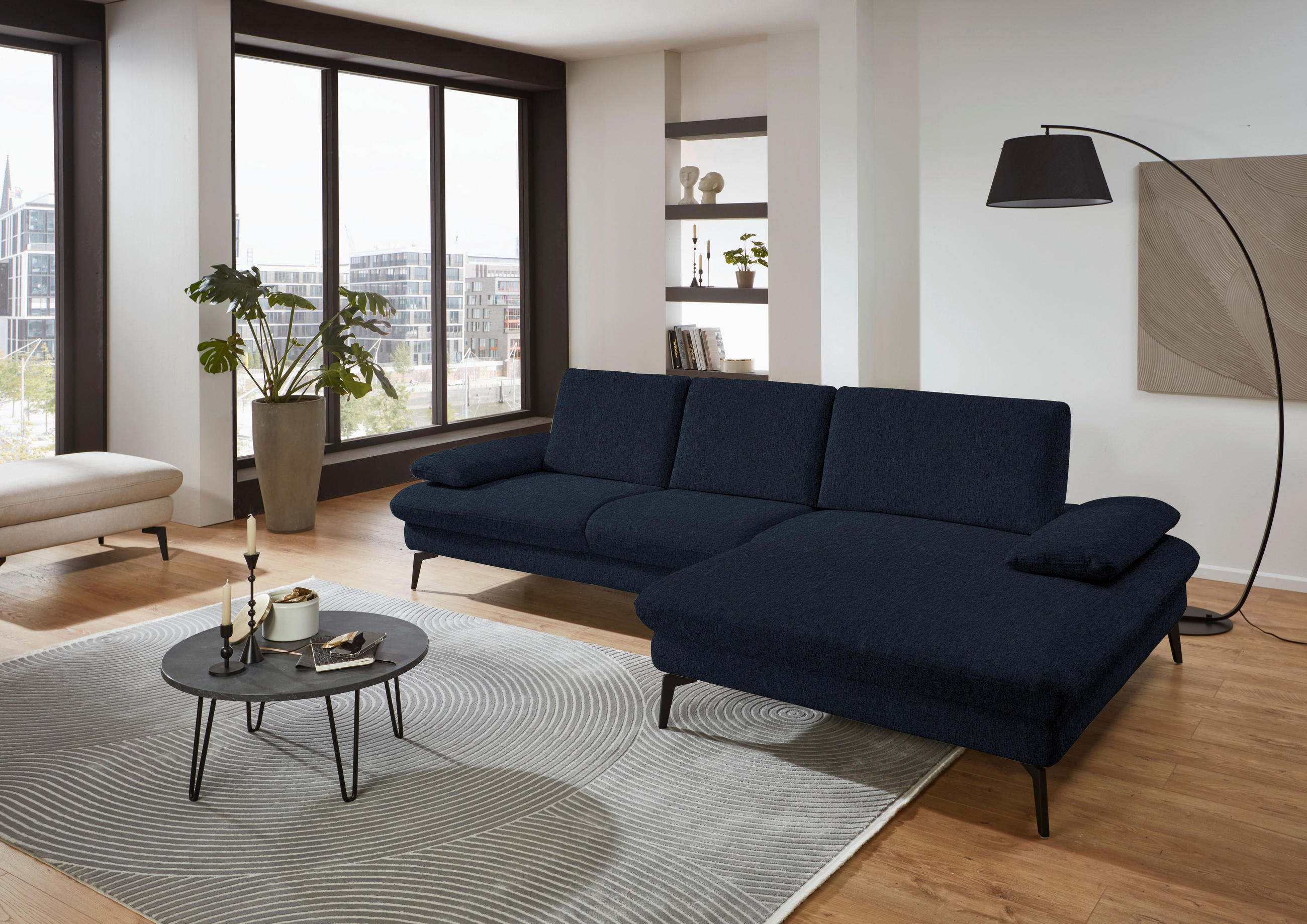 ECKSOFA in Chenille, Mikrofaser Dunkelblau  - Schwarz/Dunkelblau, Design, Textil/Metall (299/157cm) - Dieter Knoll
