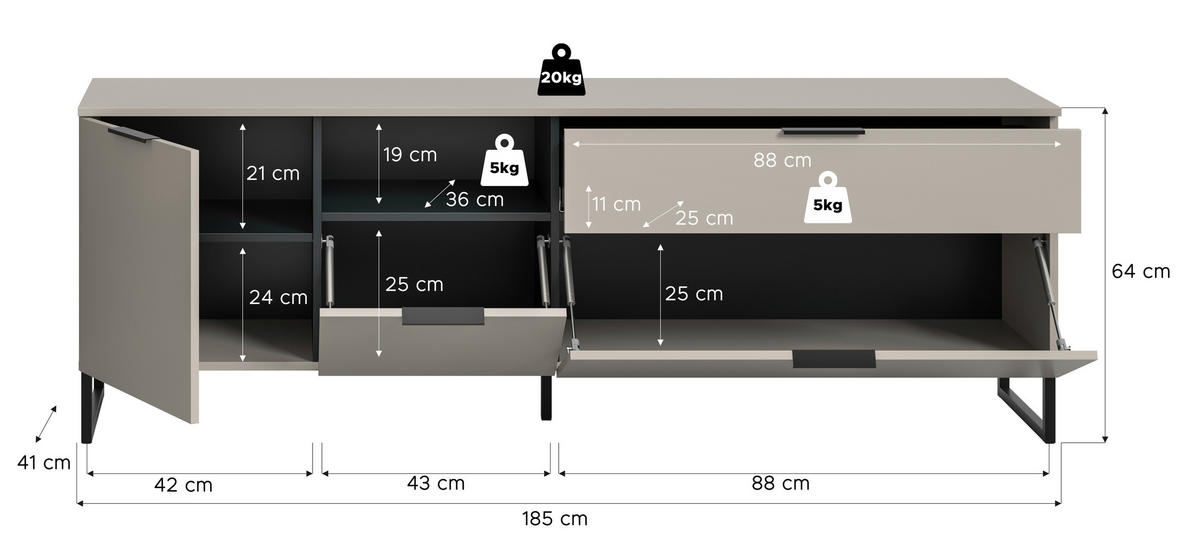 TV-SZEKRÉNY 185/64/41 cm  - kasmírszínű/fekete, Design, faalapú anyag/fém (185/64/41cm) - Livetastic
