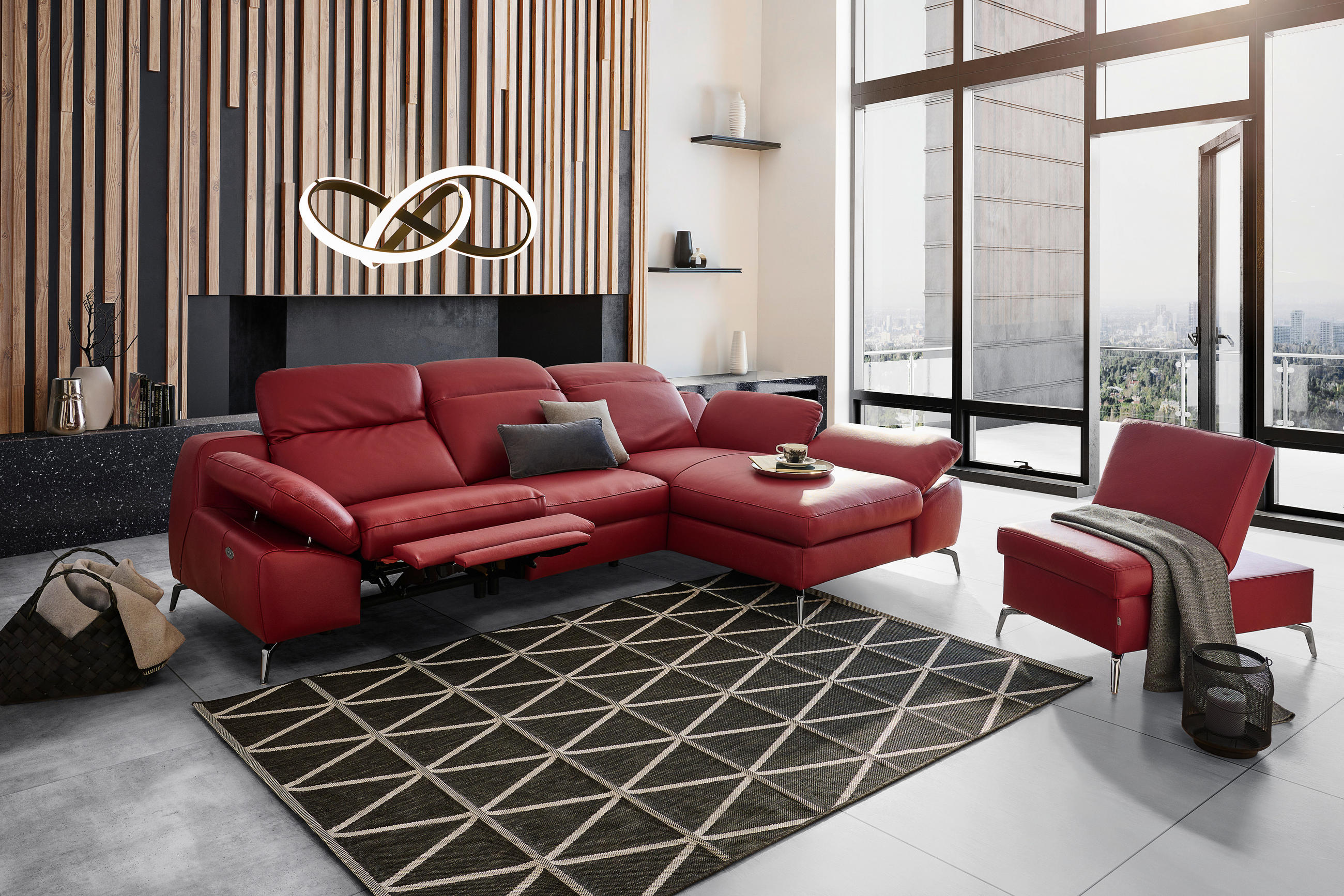 ECKSOFA  in Echtleder Rot  286/183 cm  - Rot/Schwarz, Design, Leder/Metall (286/183cm) - Celina Home