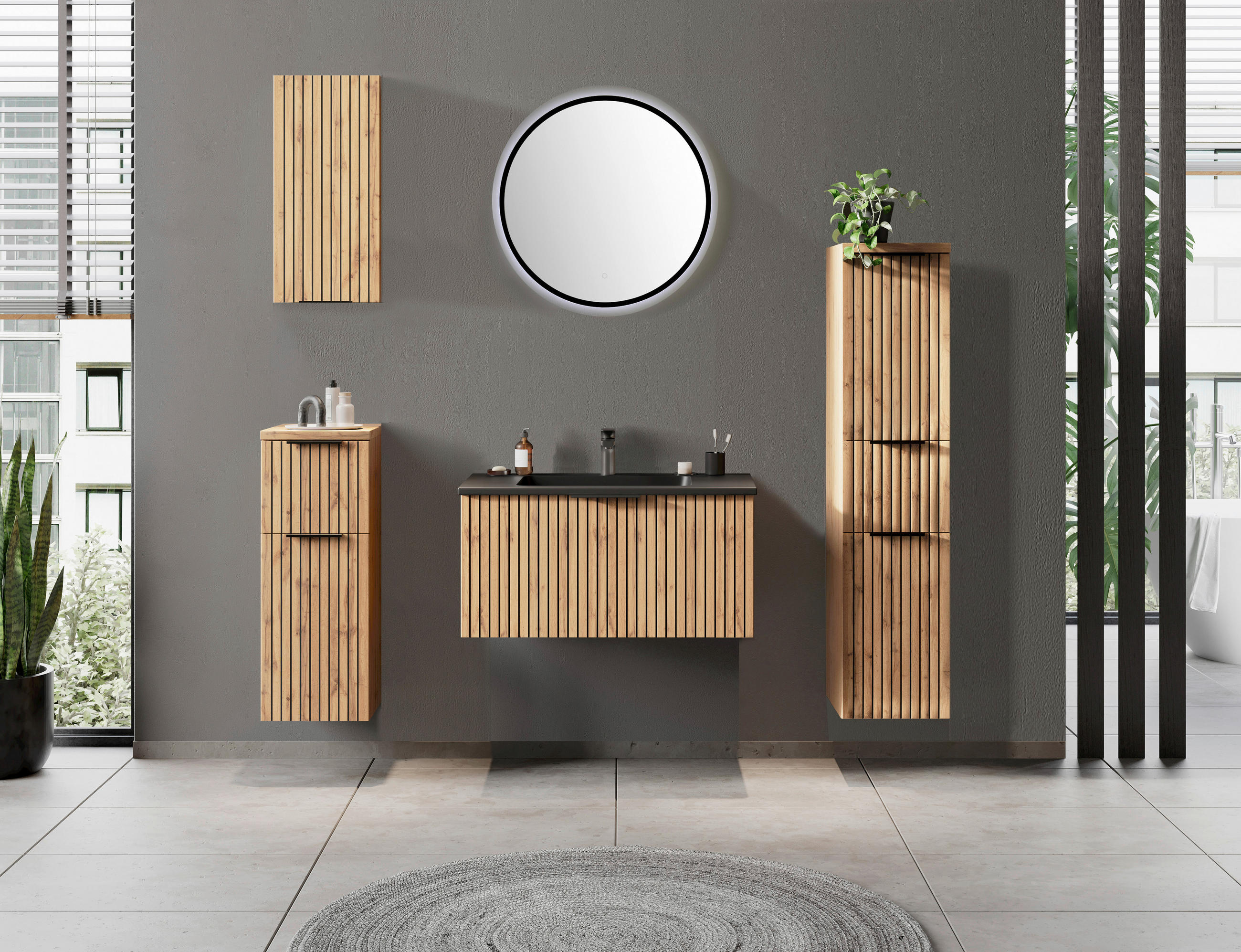 WASCHTISCHKOMBI 80 cm - Eiche Wotan/Schwarz, Modern, Holzwerkstoff/Stein (80cm) - Held