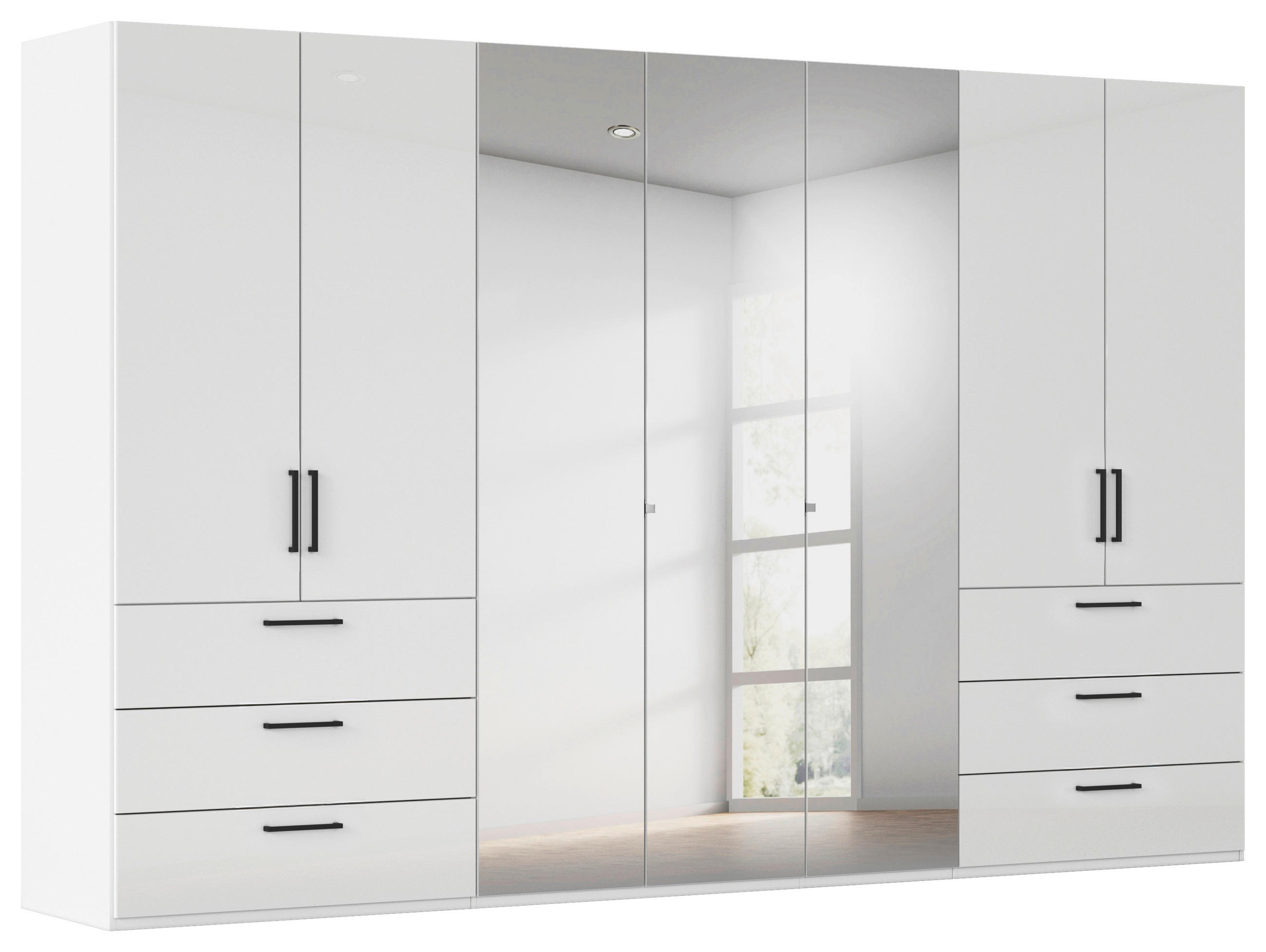 DREHTÜRENSCHRANK 350/235/61 cm,  in Weiß, Weiß Hochglanz, 7-türig  - Chromfarben/Weiß Hochglanz, Basics, Glas/Holzwerkstoff (350/235/61cm) - Novel