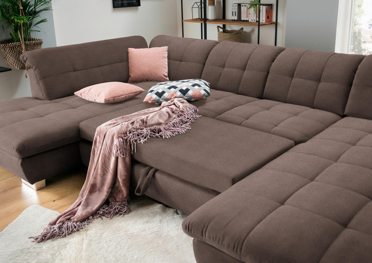 WOHNLANDSCHAFT in Mikrofaser Hellbraun  - Chromfarben/Hellbraun, Design, Kunststoff/Textil (211/350/204cm) - Xora