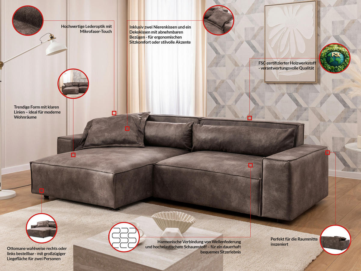 ECKSOFA Curduroy in Lederlook Graubraun Rückenkissen  251/142 cm  - Graubraun/Schwarz, Design, Kunststoff/Textil (251/142cm) - P & B
