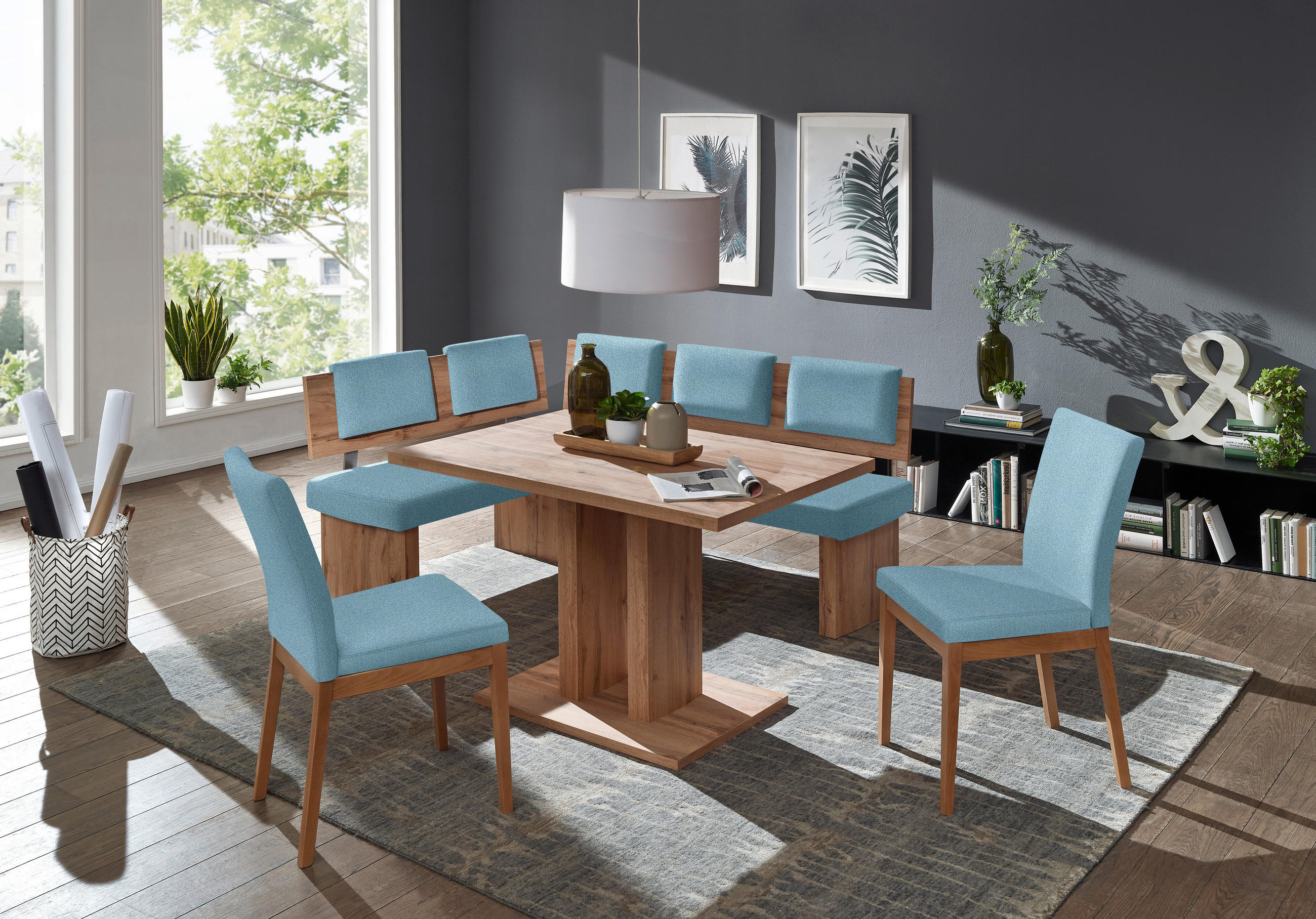 ECKBANK Textil, Holzwerkstoff Eichefarben, Hellblau  - Eichefarben/Hellblau, Konventionell, Holzwerkstoff/Textil (155/195cm) - Cantus