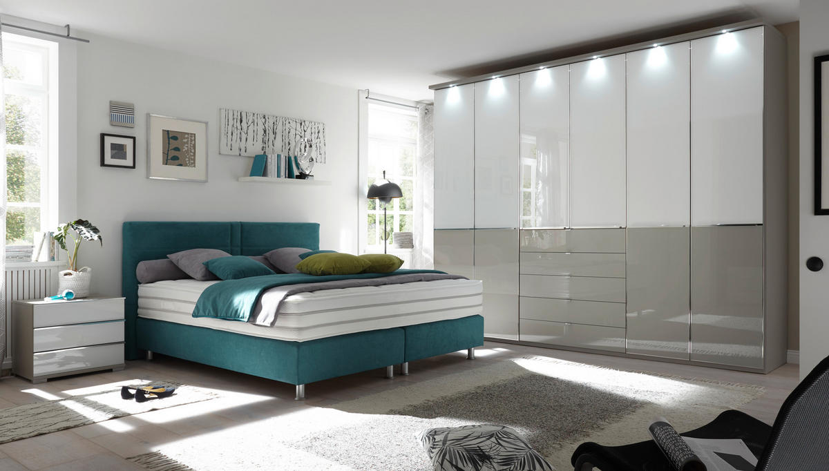 NYÍLÓAJTÓS SZEKRÉNY szürke, fehér  - krómszínű/fehér, Basics, faalapú anyag/Üveg (300/236/58cm) - Novel