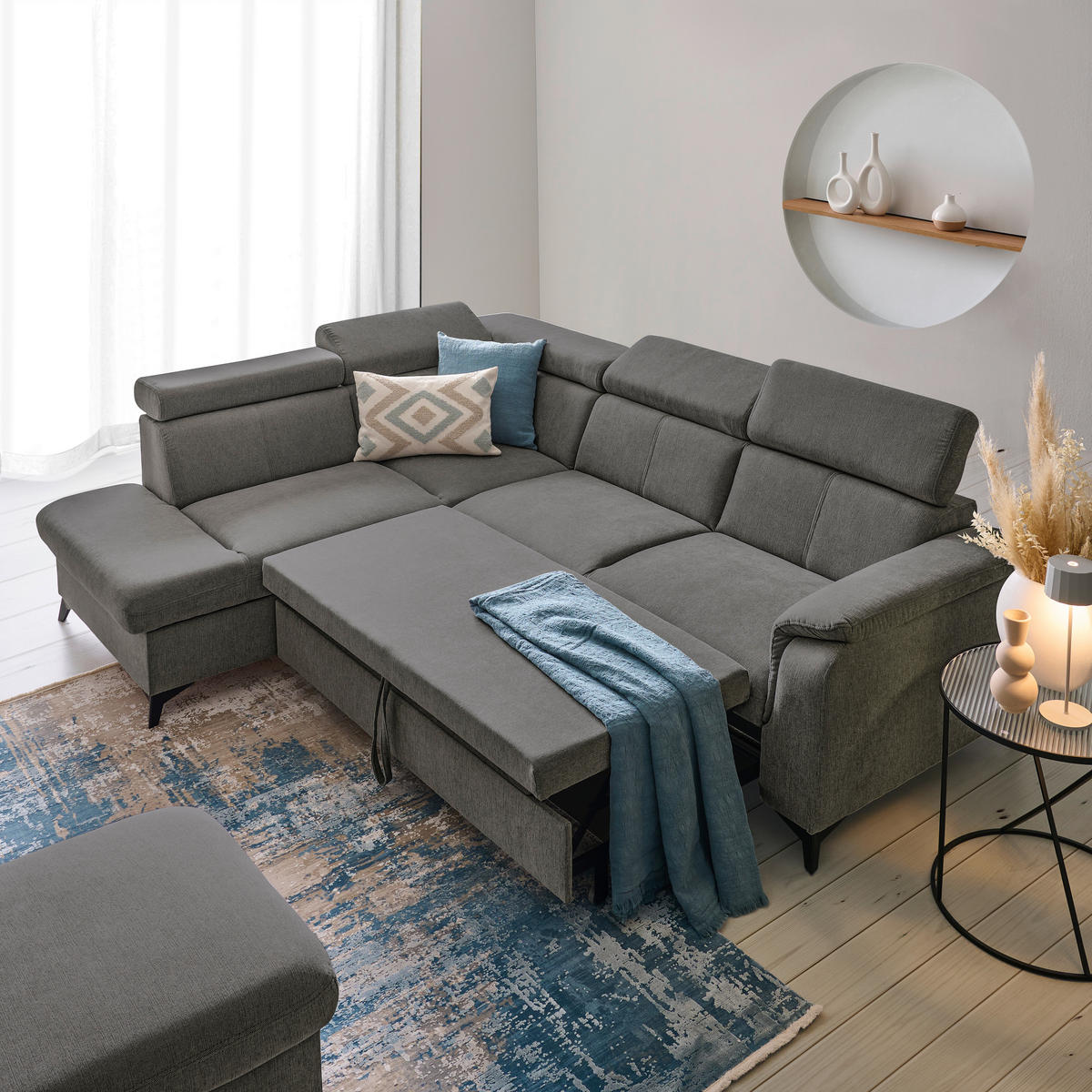 Ecksofa inkl. Funktionen in Chenille Anthrazit  - Anthrazit/Schwarz, Design, Textil/Metall (203/260cm) - Stylife