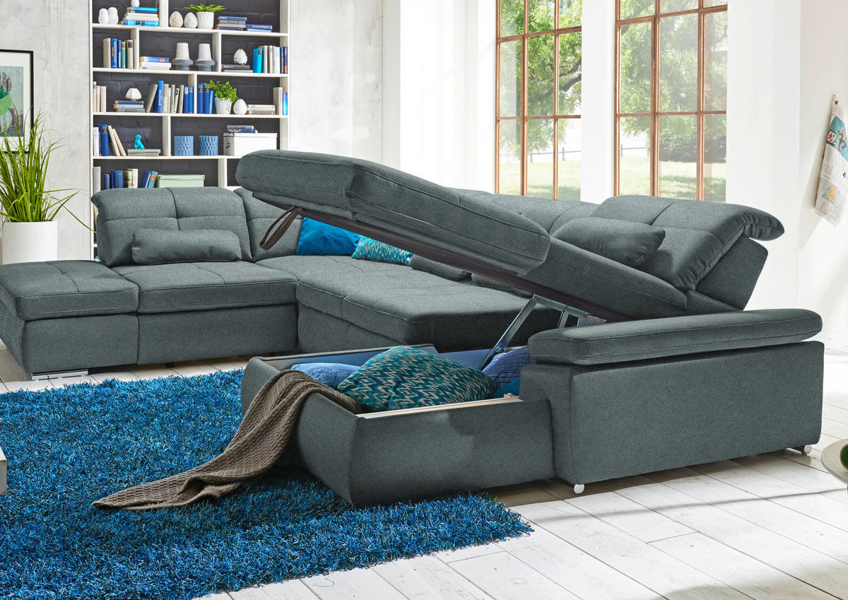 WOHNLANDSCHAFT  in Mikrofaser Blaugrau  - Chromfarben/Blaugrau, Design, Holzwerkstoff/Textil (260/371/195cm) - Beldomo Style