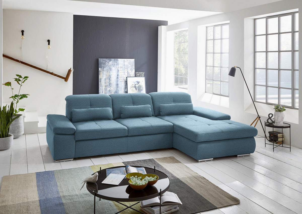 ECKSOFA  in Flachgewebe Hellblau  309/195 cm  - Chromfarben/Hellblau, Design, Textil (309/195cm) - Beldomo Style