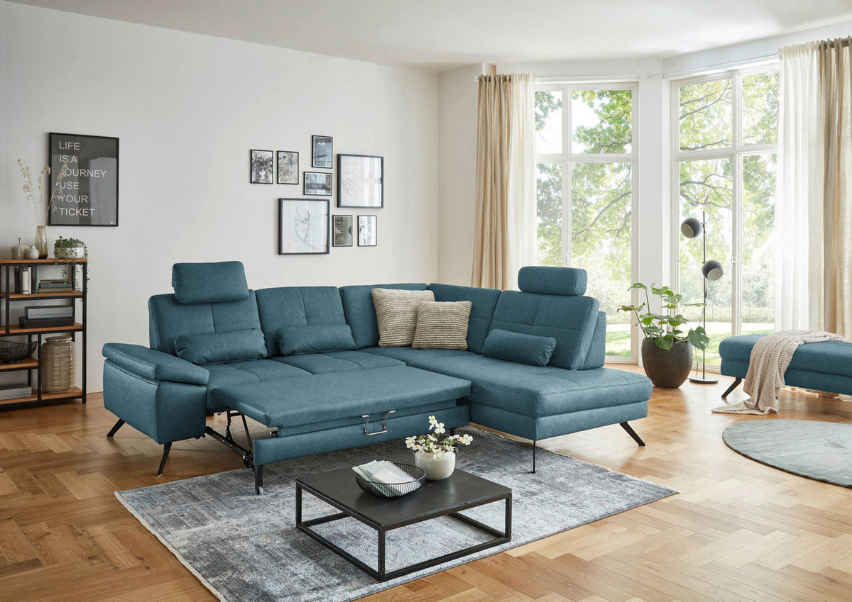 ECKSOFA in Lederlook, Mikrofaser Blau  261/194 cm  - Blau/Schwarz, Design, Textil/Metall (261/194cm) - Beldomo System