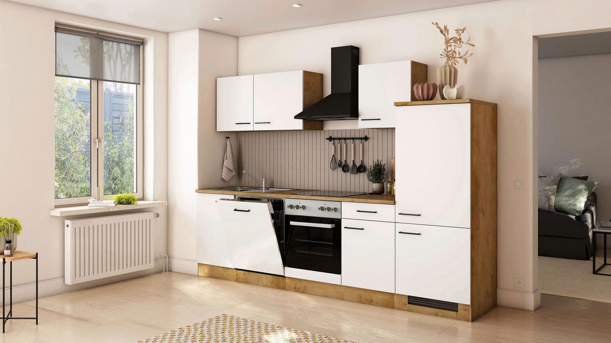 KÜCHENBLOCK 280 cm  in Eichefarben, Magnolie  - Eichefarben/Magnolie, Trend, Holzwerkstoff/Metall (280cm) - FlexWell