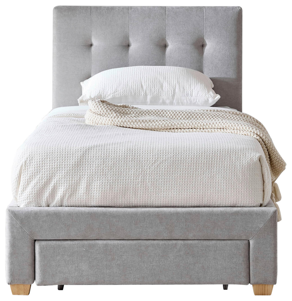 POLSTERBETT 90/200 cm, inkl. gepolstertes Kopfteil, Lattenrost, Bettschubladen,  in Hellgrau  - Hellgrau/Naturfarben, Design, Holz/Textil (90/200cm) - Boxxx