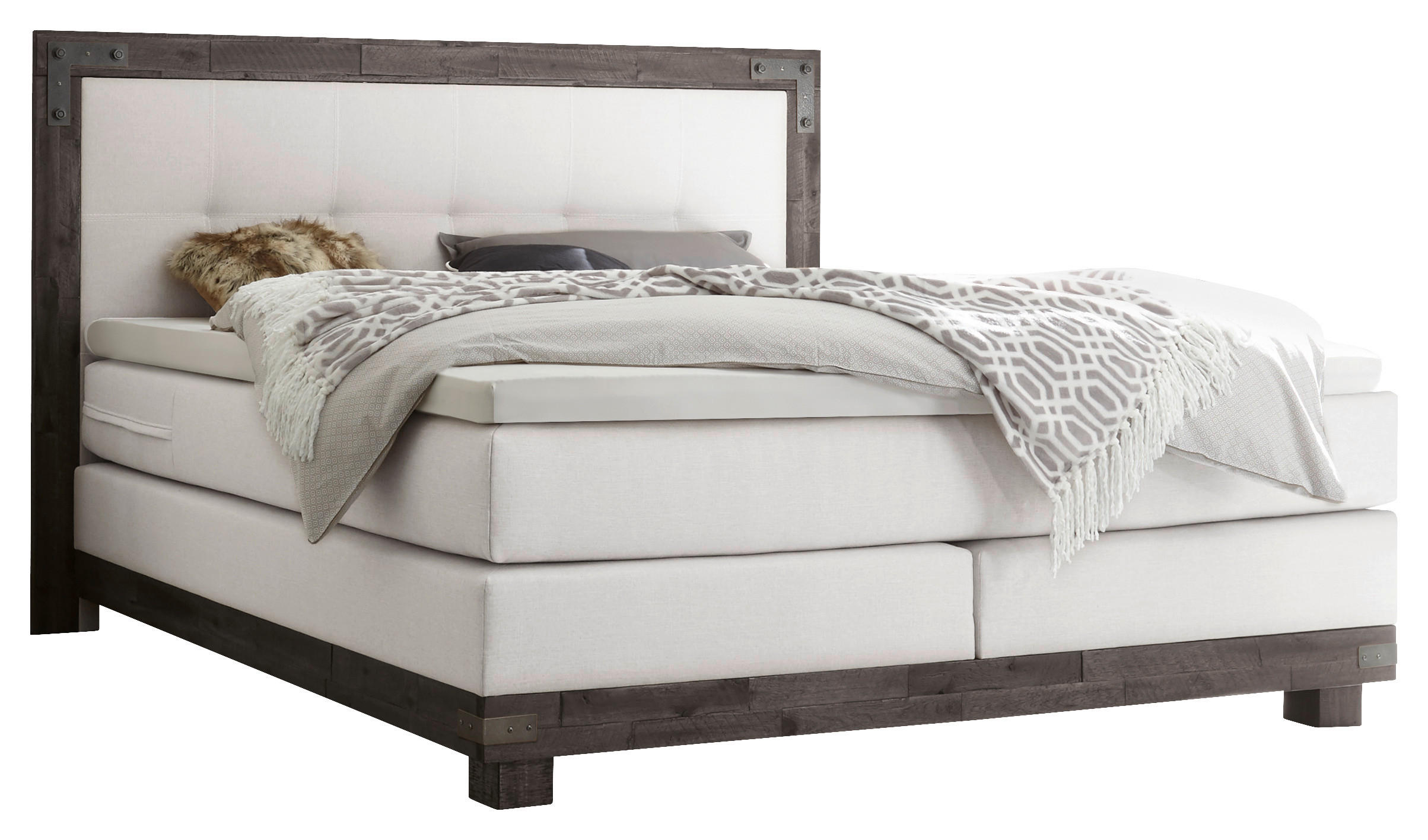 BOXSPRINGBETT 140/200 cm  in Weiß, Akaziefarben  - Weiß/Akaziefarben, KONVENTIONELL, Holz/Textil (140/200cm) - Hasena