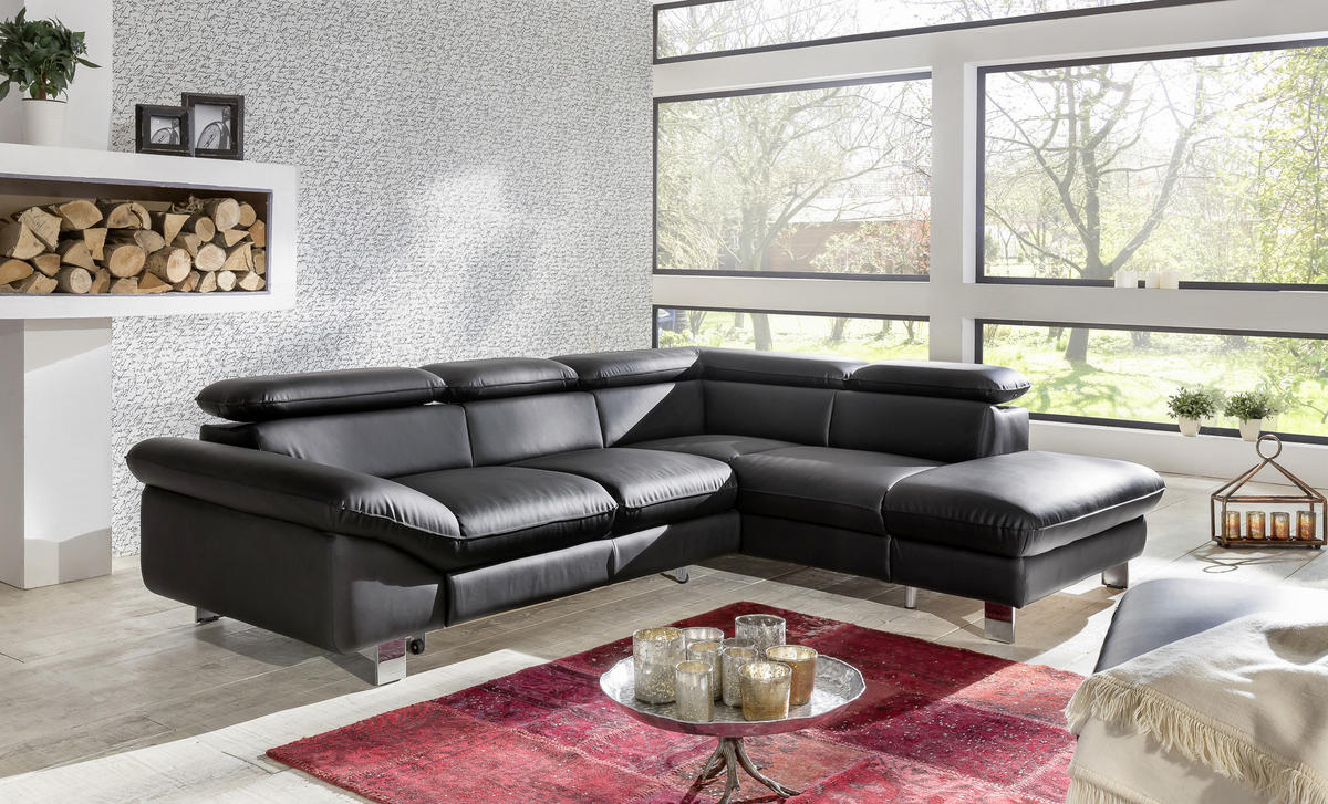 WOHNLANDSCHAFT in Lederlook Schwarz  - Chromfarben/Schwarz, Modern, Textil/Metall (266/214cm) - MID.YOU
