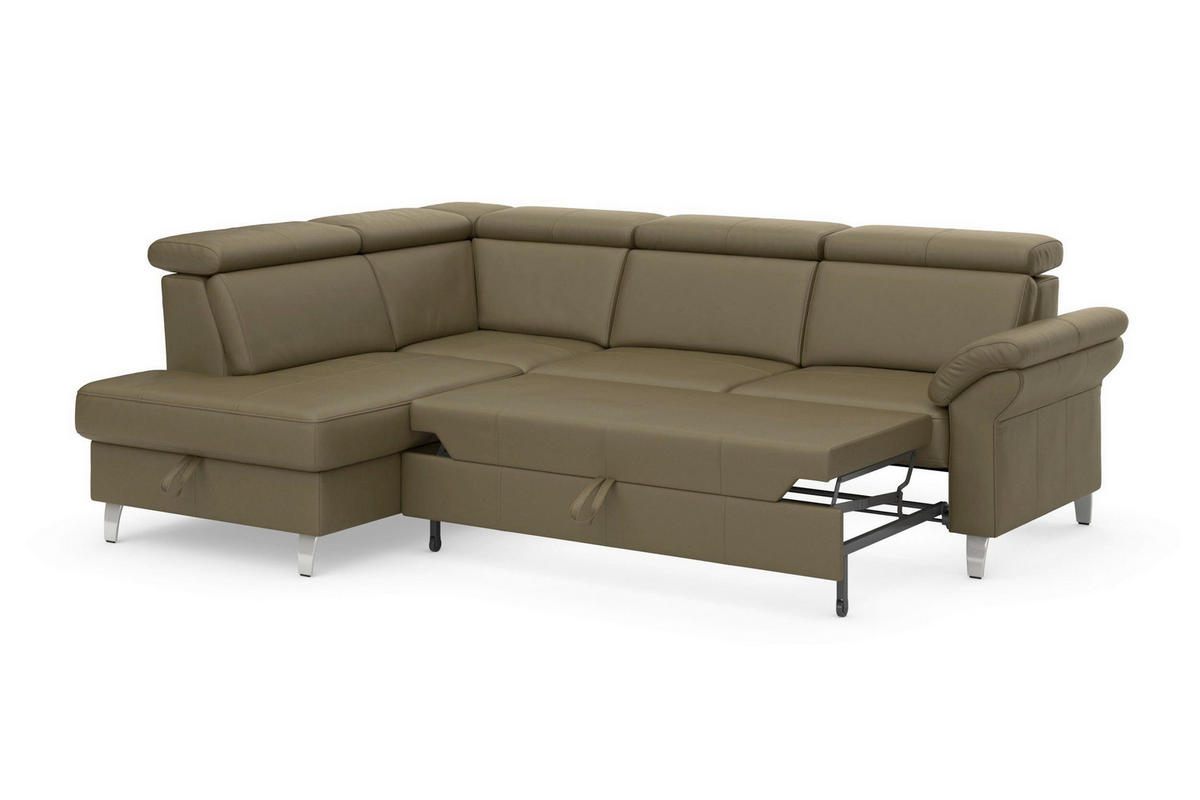 ECKSOFA 194/245 cm ARNGAST E in Echtleder Olivgrün Bettkasten, Kopfteilverstellung, Liegefläche im Originalstoff  194/245 cm  - Chromfarben/Olivgrün, Basics, Leder/Metall (194/245cm) - Sit & More