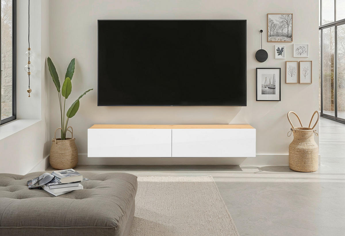 Comodă Joasă  - alb lucios intens/culoare natur, Design, lemn/material pe bază de lemn (180/33/30cm) - MID.YOU