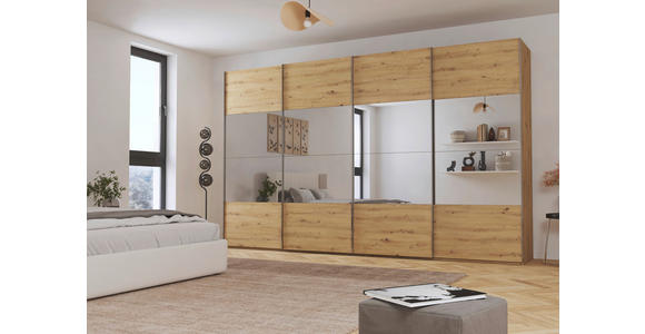 SCHWEBETÜRENSCHRANK  in Eiche Artisan  - Chromfarben/Eiche Artisan, Design, Glas/Holzwerkstoff (361/223/68cm) - Novel