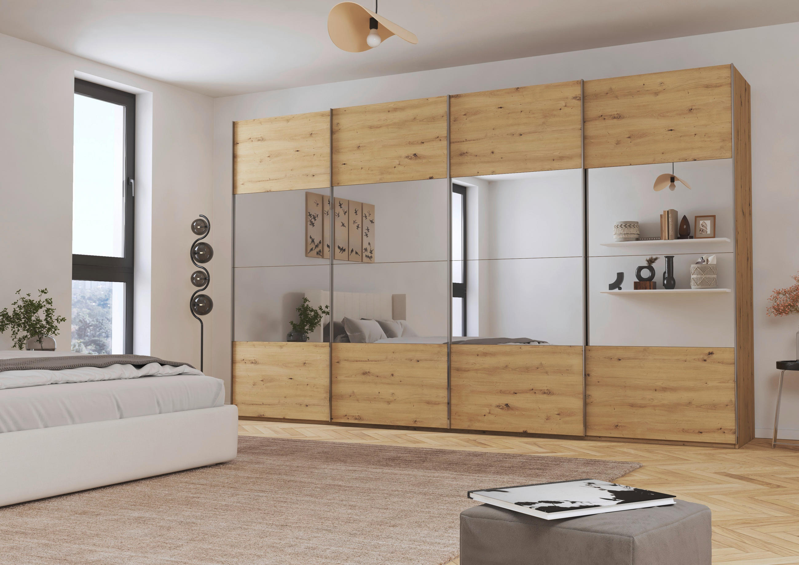 SCHWEBETÜRENSCHRANK 361/223/68 cm 4-türig Eiche Artisan  - Chromfarben/Eiche Artisan, Design, Glas/Holzwerkstoff (361/223/68cm) - Novel