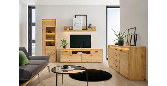 VITRINE  in furniert, massiv Eichefarben - Eichefarben, Natur, Glas/Holz (64,4/201,9/37cm) - Linea Natura