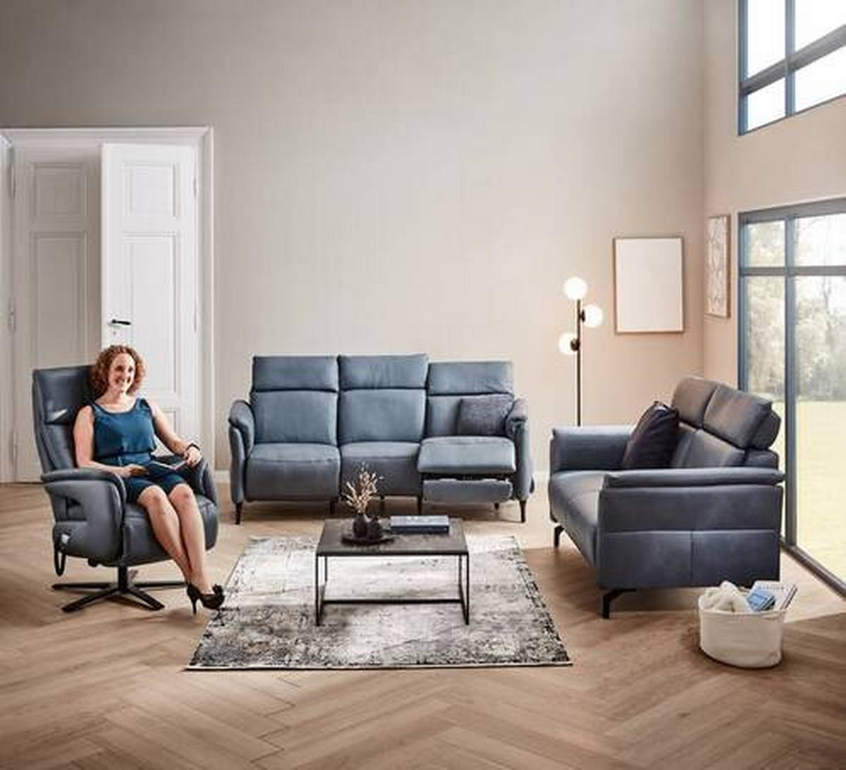 TRAPEZSOFA in Echtleder Graublau  - Graublau/Schwarz, Konventionell, Leder/Metall (221/103/95cm) - Dieter Knoll